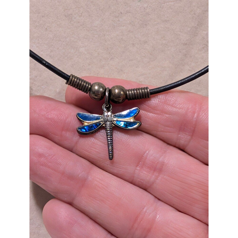 Vintage 90s Blue Inlay Dragonfly Pendant Necklace Black Cord Boho Fairycore